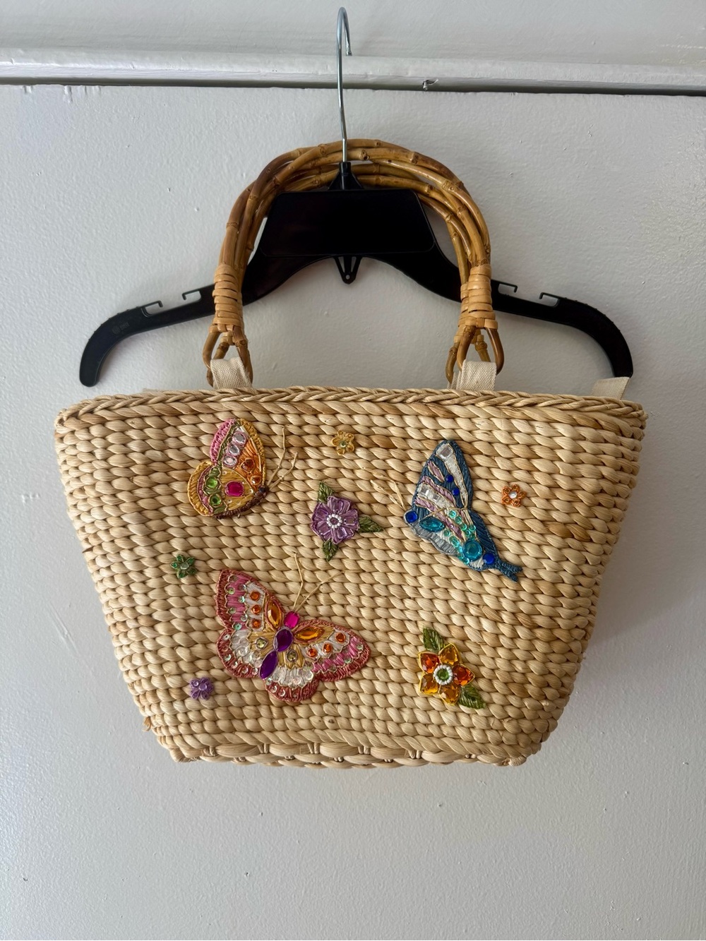 Cappelli Straworld Natural Straw Tote Colorful Embellished Butterflies 15x9” - Picture 13 of 16